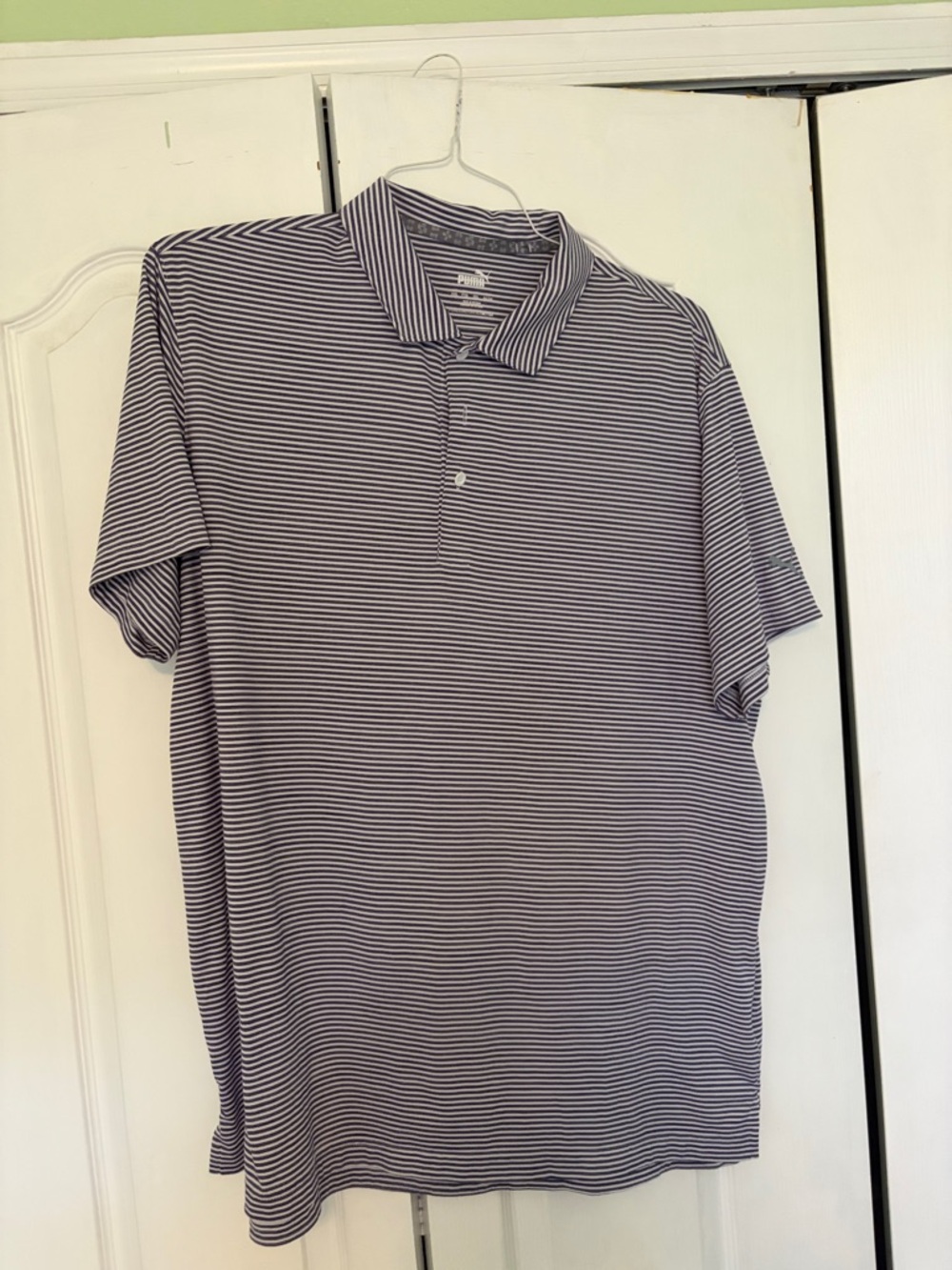 Puma Men's Navy and White Striped Polo Shirt